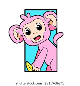 Cute Monkey cartoon holding a banana in a blue frame. perfect for accessories children, screen printing clothes and others 