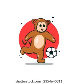 Cute Monkey Cartoon Kick Ball  Vector Illustration. Premium Vector.