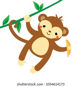 Cute monkey. Cartoon marmoset hanging on liana, holding banana. African animal. Kawaii style. vector illustration. Isolated clip art