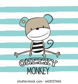 cute monkey cartoon on striped background, cheeky monkey, T-shirt design for kids vector illustration