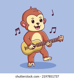 Cute Monkey Cartoon Playing a Guitar. Monkey Icon Concept. Flat Cartoon Style. Suitable for Web Landing Page, Banner, Flyer, Sticker, Card