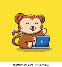 cute monkey cartoon playing laptop