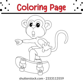 Cute monkey cartoon playing skateboard. animal coloring page for kids