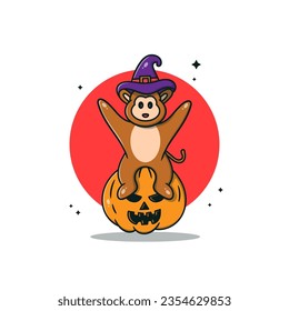 Cute Monkey Cartoon ride a halloween pumpkin Vector Icon Illustration. Premium Vector.