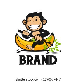 Cute Monkey Cartoon Riding Banana Boat Logo Template