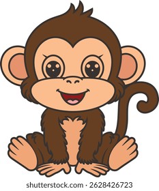Cute monkey cartoon sitting, Cute monkey baby cartoon animal vector character, Adorable Jungle Animal Illustration