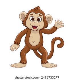 Cute monkey in cartoon style. Monkey standing and waving. Vector on white background.