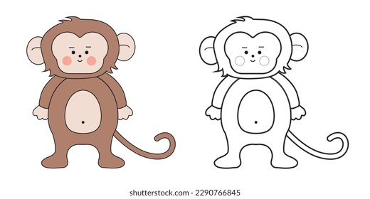 Cute monkey cartoon, stylized monkey coloring book, cartoon style, doodle, modern. Illustration in vector graphics for postcards, books, clothing, background.