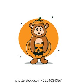 Cute Monkey Cartoon wearing pumpkin clothes Vector Illustration. Premium Vector.