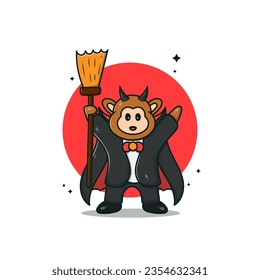 Cute Monkey Cartoon wearing wizard clothes Vector Illustration. Premium Vector.