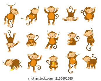 Cute monkey. Cartoon wild animals in different poses, funny ape monkeys and primate character vector set. Playful chimpanzee smiling, holding banana, dancing and winging, cheerful mammals