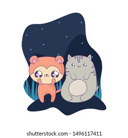 cute monkey with cat animals baby kawaii