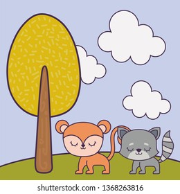 cute monkey and cat animals in landscape