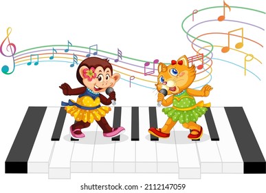 Personaje de caricatura de monos y gatos, parado en ilustración de piano