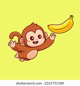 Cute Monkey Catching Banana Fruit Cartoon Vector Icon Illustration. Animal Food Icon Concept Isolated Premium Vector. Flat Cartoon Style