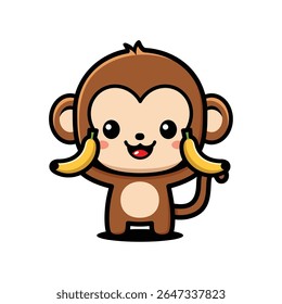Cute Monkey Catoon Character Holding Bananas