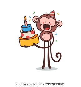 Cute monkey celebrating birthday vector cartoon character isolated on a white background.