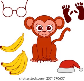 Cute monkey character with accessories set bananas, glasses, footprint, santa hat. Graphic line vector illustration isolated on transparent background