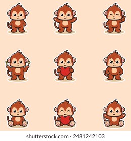 Cute Monkey character different poses illustration. Cartoon character design. Flat Cartoon Style. Cute Animal Set.