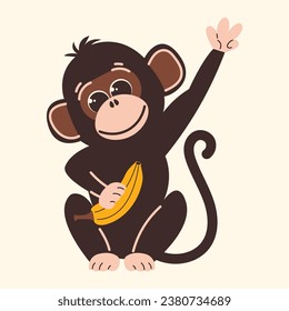 Cute monkey character in flat style. Vector illustration of a monkey mascot with a banana.
