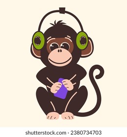 Cute monkey character in flat style. Vector illustration of a monkey mascot listening to music on headphones.