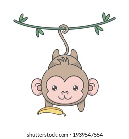 cute monkey character hanging with tail