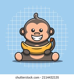 Cute monkey character holding banana vector illustration. Flat cartoon style. Isolated animal concept