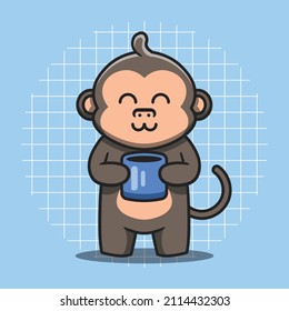 Cute monkey character holding blue coffee cup vector illustration. Flat cartoon style. Isolated animal concept.