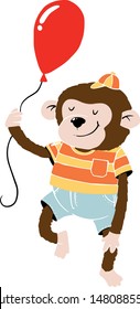 Cute monkey character holding a red balloon. Drawn in vector. Can be used for children's textiles, books, posters.