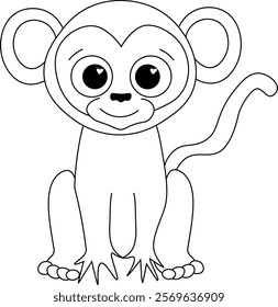 Cute monkey character illustration for toddlers. Graphic line cartoon vector illustration on transparent background. China new year character, great for coloring book
