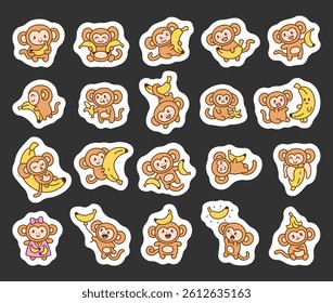 Cute monkey character set enjoying bananas and showing different emotions while sitting, hugging, smiling, sleeping, eating, and wearing adorable outfits for yours projects