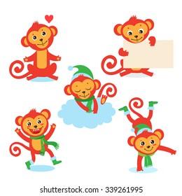 Cute Monkey Character Set. Vector Illustrations Of A In Various Poses. All Isolated On White Background. Cute Monkey Species. Cute Monkey Doll. Cute Monkey Plush. Cute Monkey Compilation.