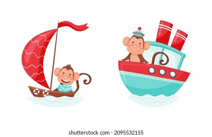 Cute monkey character in transport set. Funny jungle animal boating and sailing cartoon vector illustration