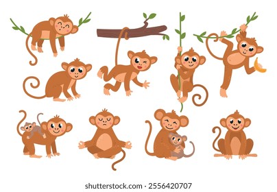 Cute monkey characters. Cartoon jungle monkeys on liana, hold banana, with baby. Tropical animals in various poses, funny classy vector set