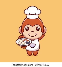 Cute monkey chef cartoon character with bring japanese food