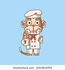 Cute monkey chef cook serve food animal chibi character mascot icon flat line art style illustration concept cartoon set