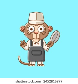 Cute monkey chef cook serve food animal chibi character mascot icon flat line art style illustration concept cartoon set