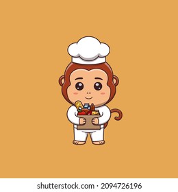 Cute monkey chef holding cardboard box full food