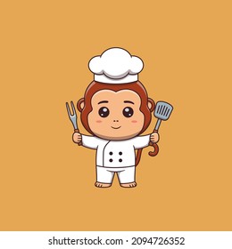 Cute monkey chef holding spatula and barbecue fork