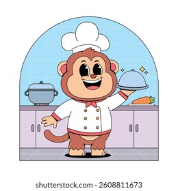 Cute monkey chef in kitchen cartoon