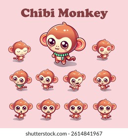 Cute Monkey Chibi Character isometric vector illustration set