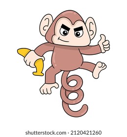 Cute Monkey Child Holding Fruit Banana, Vector Illustration Art. Doodle Icon Image Kawaii.