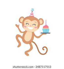 Cute monkey for children. Birthday greetings, cake and party hat. Vector illustration