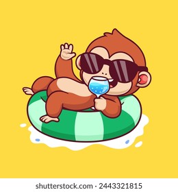 Cute Monkey Chill On Swimming Tires With Juice Cartoon Vector Icon Illustration. Animal Holiday Icon Concept Isolated Premium Vector. Flat Cartoon Style