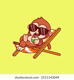 Cute Monkey Chilling On Bench And Drink Coconut Cartoon Vector Icon Illustration. Animal Nature Icon Concept Isolated Premium Vector. Flat Cartoon Style