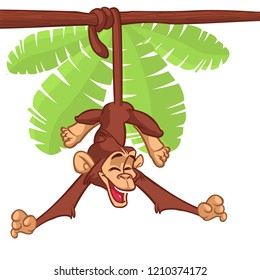 Cute Monkey Chimpanzee Hanging  On Wood Branch Flat Color Simplified Vector Illustration In Fun Cartoon Style Design