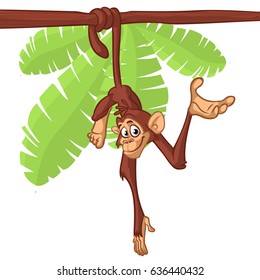 Cute Monkey Chimpanzee Hanging   Presenting On Wood Branch  Flat Bright Color Simplified Vector Illustration In Fun Cartoon Style Design