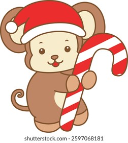 Cute Monkey christmas vector icon. Funny baby Monkey animal series christmas illustration.
baby monkey with red and white sticks
