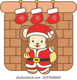 Cute Monkey christmas vector icon. Funny baby Monkey animal series christmas illustration.
baby monkey Santa arrive in the fire place
