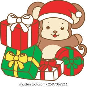 Cute Monkey christmas vector icon. Funny baby Monkey animal series christmas illustration.
baby monkey with a lot of gifts
